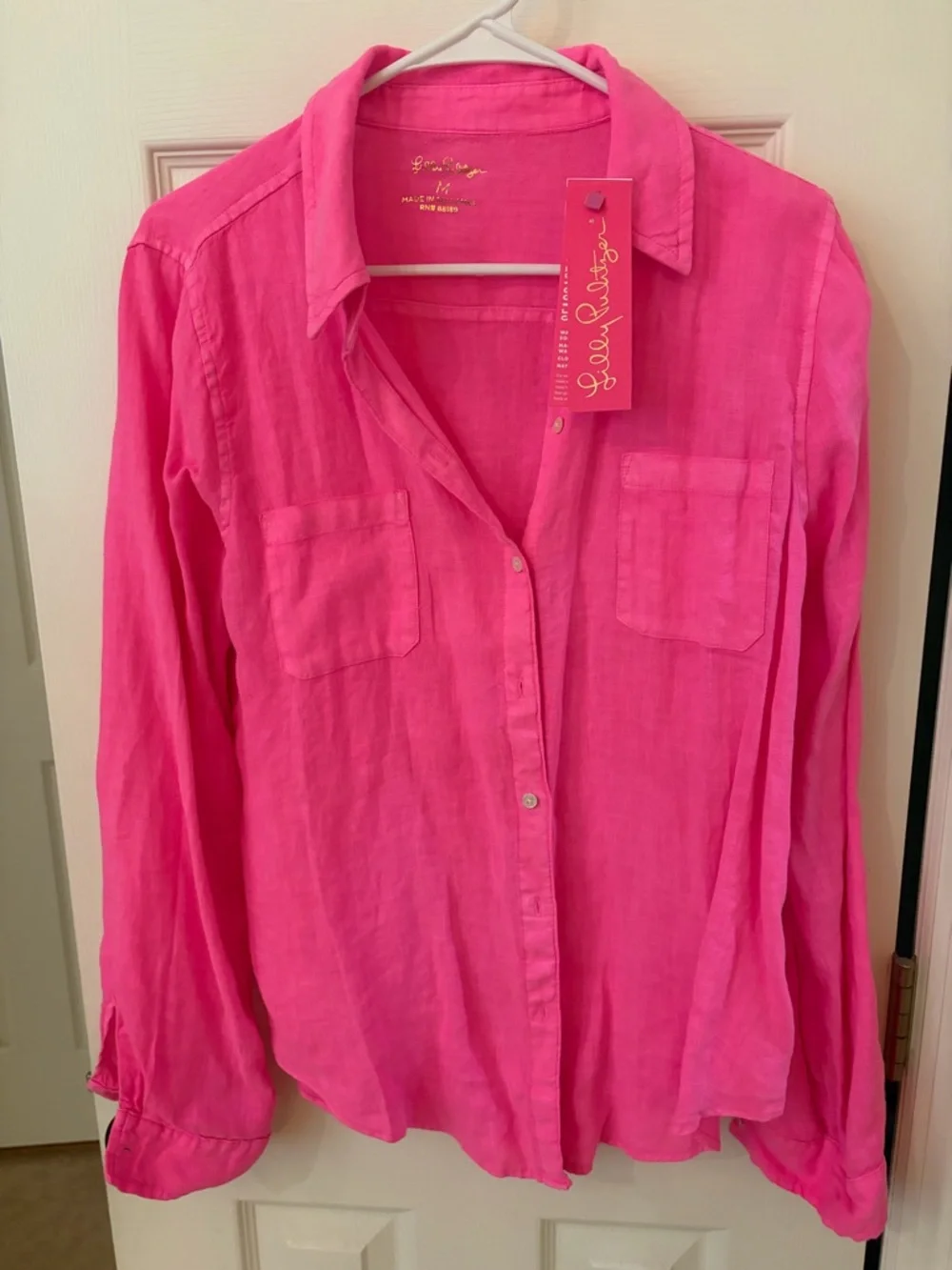 NWT~ Lilly Pulitzer Vibrant Hot Pink Linen Button-Down Shirt, Size Medium - Picture 2 of 5